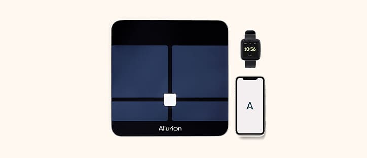 La bilancia e l'orologio Allurion Health Tracker e l'applicazione mobile Allurion.